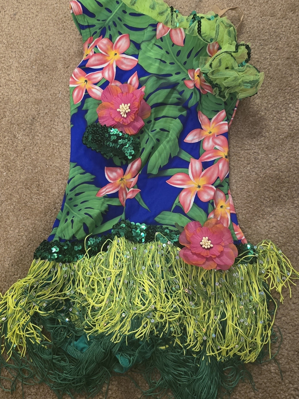 Girls Tropical Flower Hula Costume Dress - Green & Blue